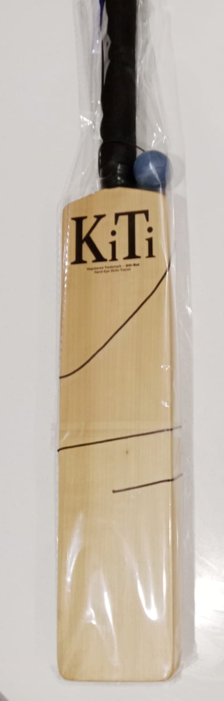 A finished KiTi-Bat: pale poplar blade with the KiTi mark, black rubber grip and the blue ball on its elastic