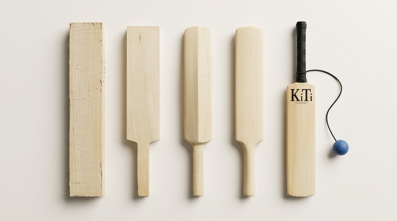Five stages of making a KiTi-Bat, from a rough block of poplar through to the finished bat with its ball and elastic
